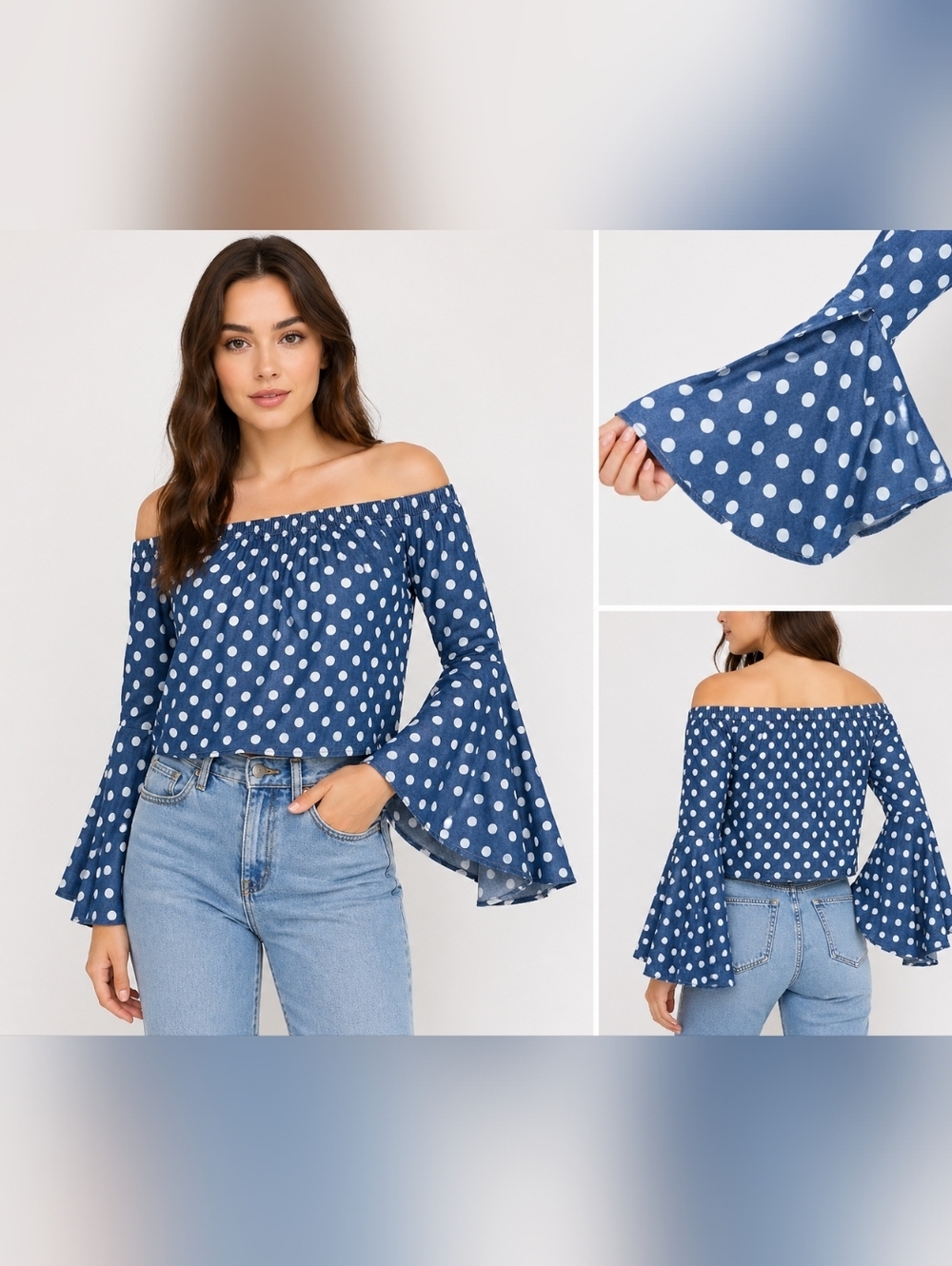 Elium London Womens M Blue Polka Dot Off Shoulder Crop Top Bell Sleeve Cotton.